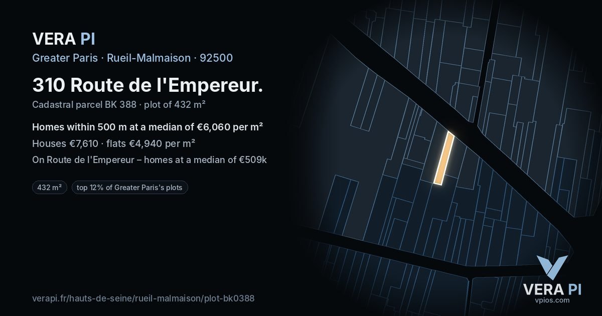 310 Route de l'Empereur, Rueil-Malmaison at night – the plot lit, the parcels around coloured by the prices near them