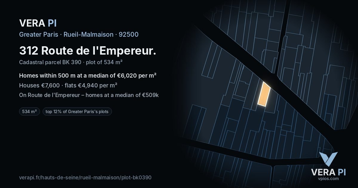 312 Route de l'Empereur, Rueil-Malmaison at night – the plot lit, the parcels around coloured by the prices near them