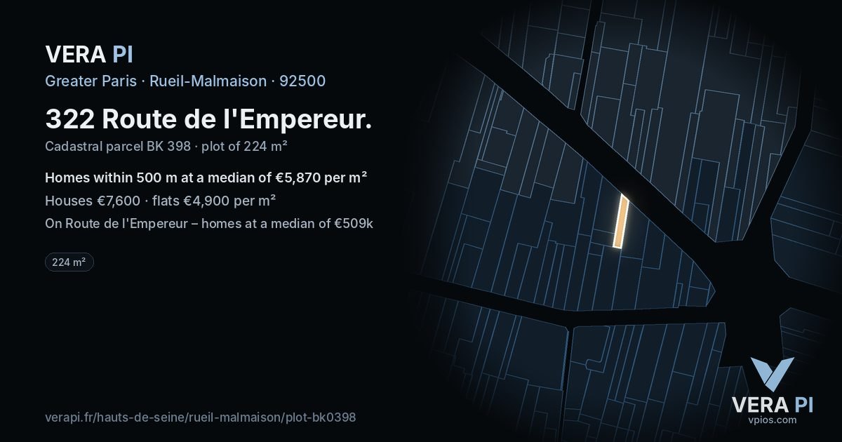 322 Route de l'Empereur, Rueil-Malmaison at night – the plot lit, the parcels around coloured by the prices near them