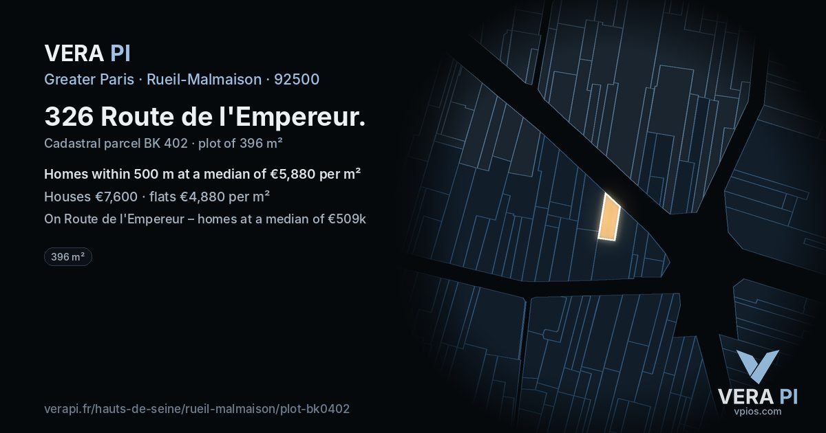 326 Route de l'Empereur, Rueil-Malmaison at night – the plot lit, the parcels around coloured by the prices near them
