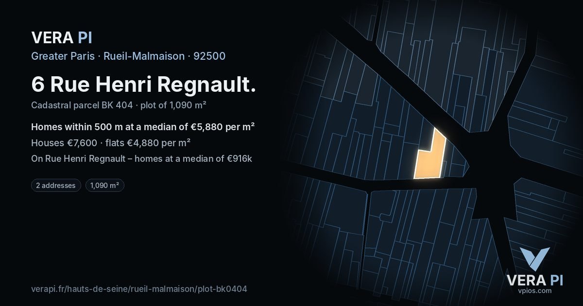 6 Rue Henri Regnault, Rueil-Malmaison at night – the plot lit, the parcels around coloured by the prices near them