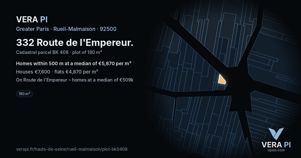 332 Route de l'Empereur, Rueil-Malmaison at night – the plot lit, the parcels around coloured by the prices near them