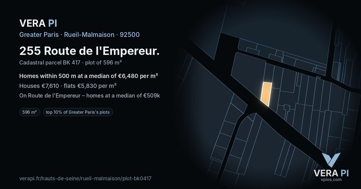 255 Route de l'Empereur, Rueil-Malmaison at night – the plot lit, the parcels around coloured by the prices near them