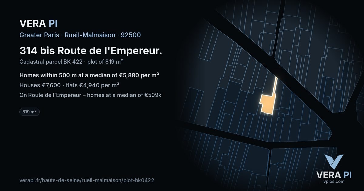 314 bis Route de l'Empereur, Rueil-Malmaison at night – the plot lit, the parcels around coloured by the prices near them