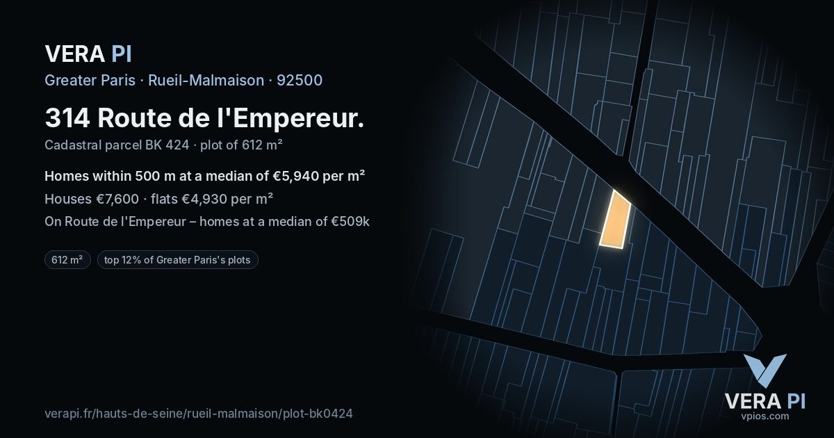 314 Route de l'Empereur, Rueil-Malmaison at night – the plot lit, the parcels around coloured by the prices near them