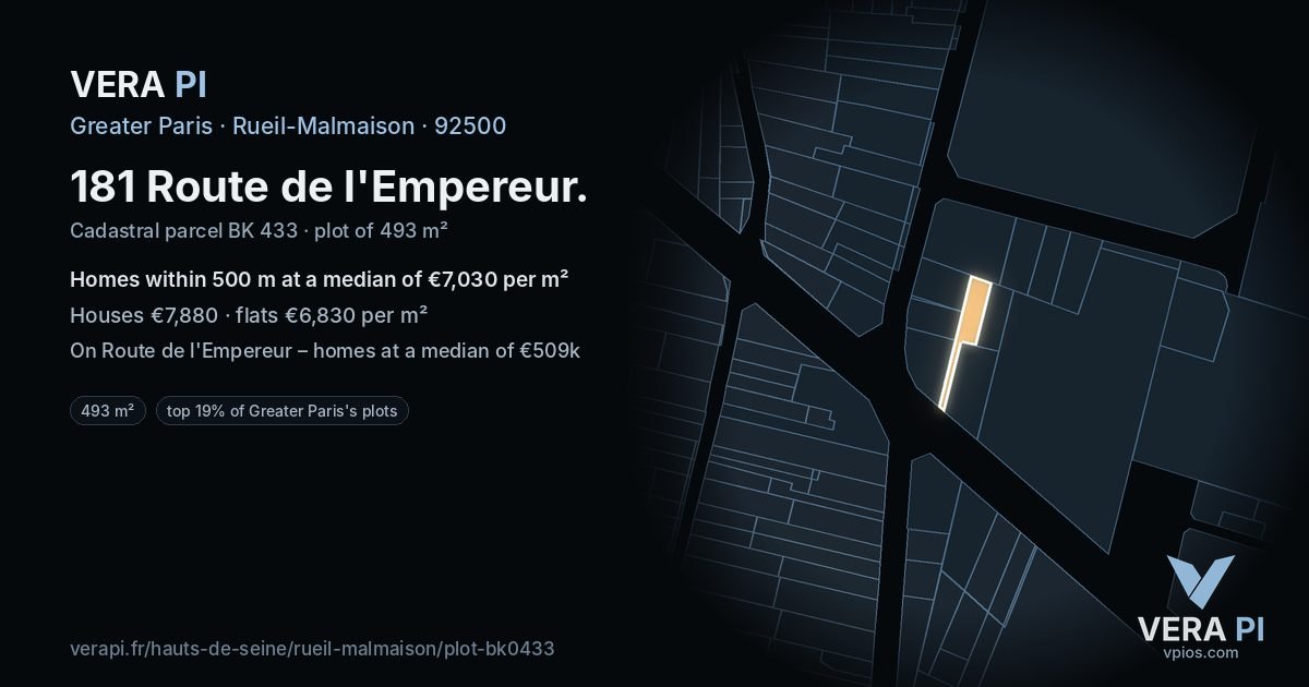 181 Route de l'Empereur, Rueil-Malmaison at night – the plot lit, the parcels around coloured by the prices near them