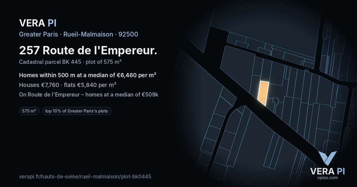 257 Route de l'Empereur, Rueil-Malmaison at night – the plot lit, the parcels around coloured by the prices near them