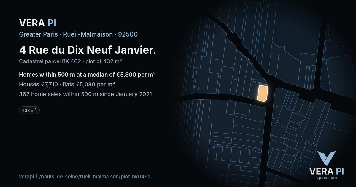 4 Rue du Dix Neuf Janvier, Rueil-Malmaison at night – the plot lit, the parcels around coloured by the prices near them