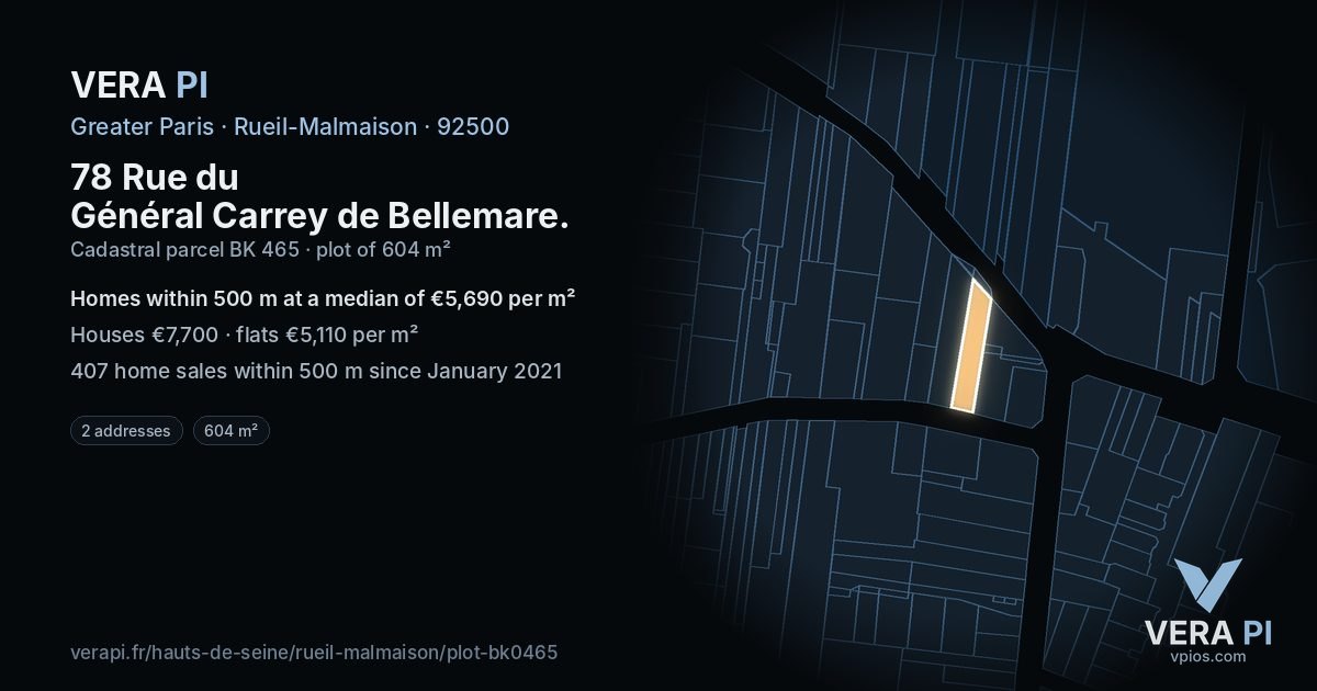 78 Rue du Général Carrey de Bellemare, Rueil-Malmaison at night – the plot lit, the parcels around coloured by the prices near them