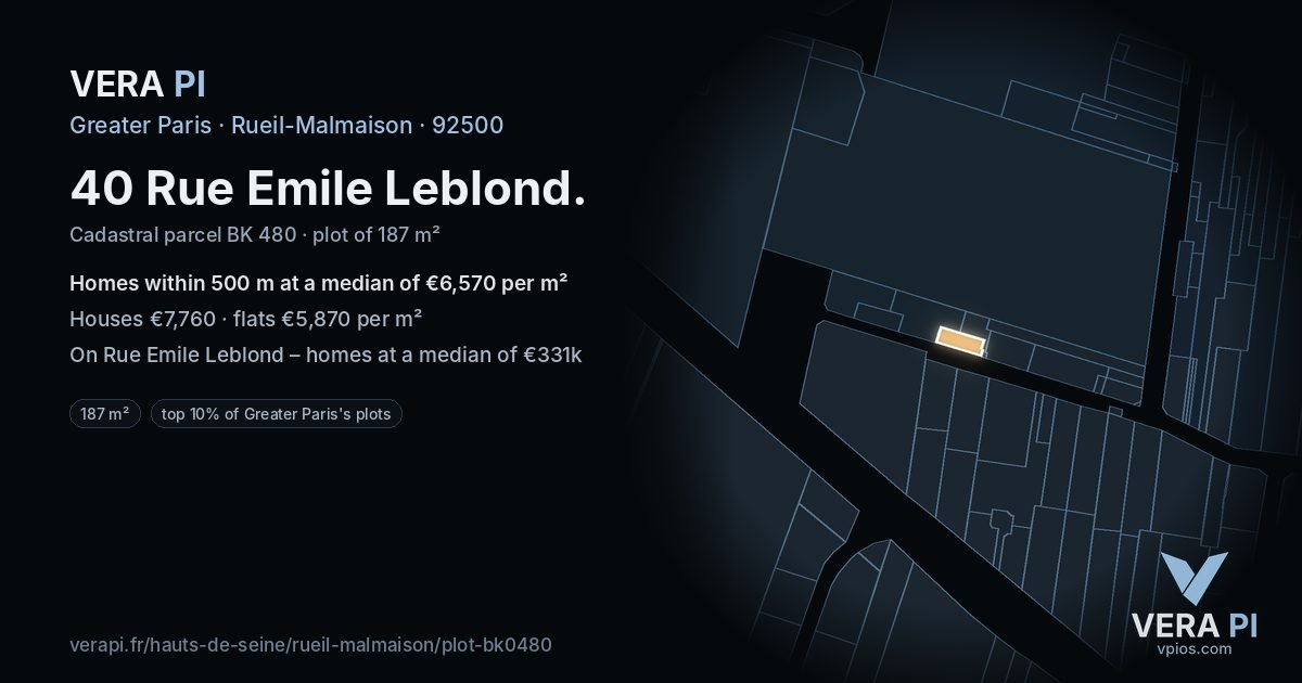 40 Rue Emile Leblond, Rueil-Malmaison at night – the plot lit, the parcels around coloured by the prices near them