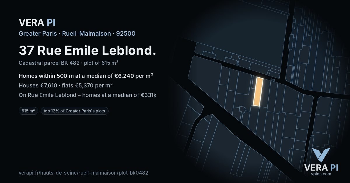 37 Rue Emile Leblond, Rueil-Malmaison at night – the plot lit, the parcels around coloured by the prices near them