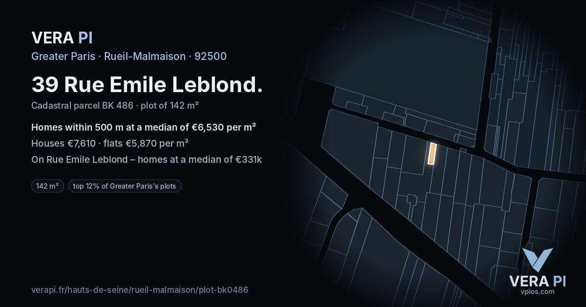 39 Rue Emile Leblond, Rueil-Malmaison at night – the plot lit, the parcels around coloured by the prices near them