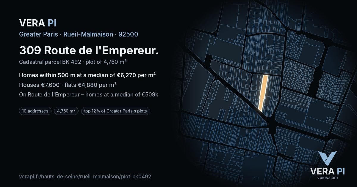 309 Route de l'Empereur, Rueil-Malmaison at night – the plot lit, the parcels around coloured by the prices near them