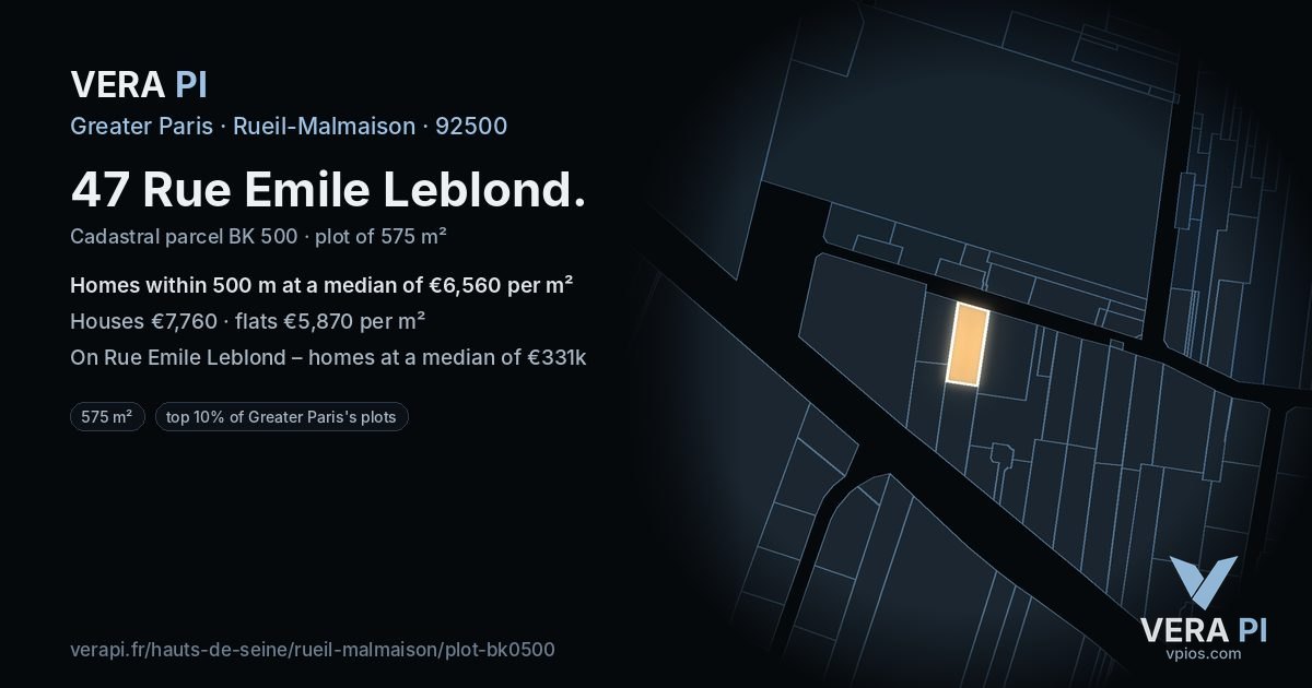 47 Rue Emile Leblond, Rueil-Malmaison at night – the plot lit, the parcels around coloured by the prices near them