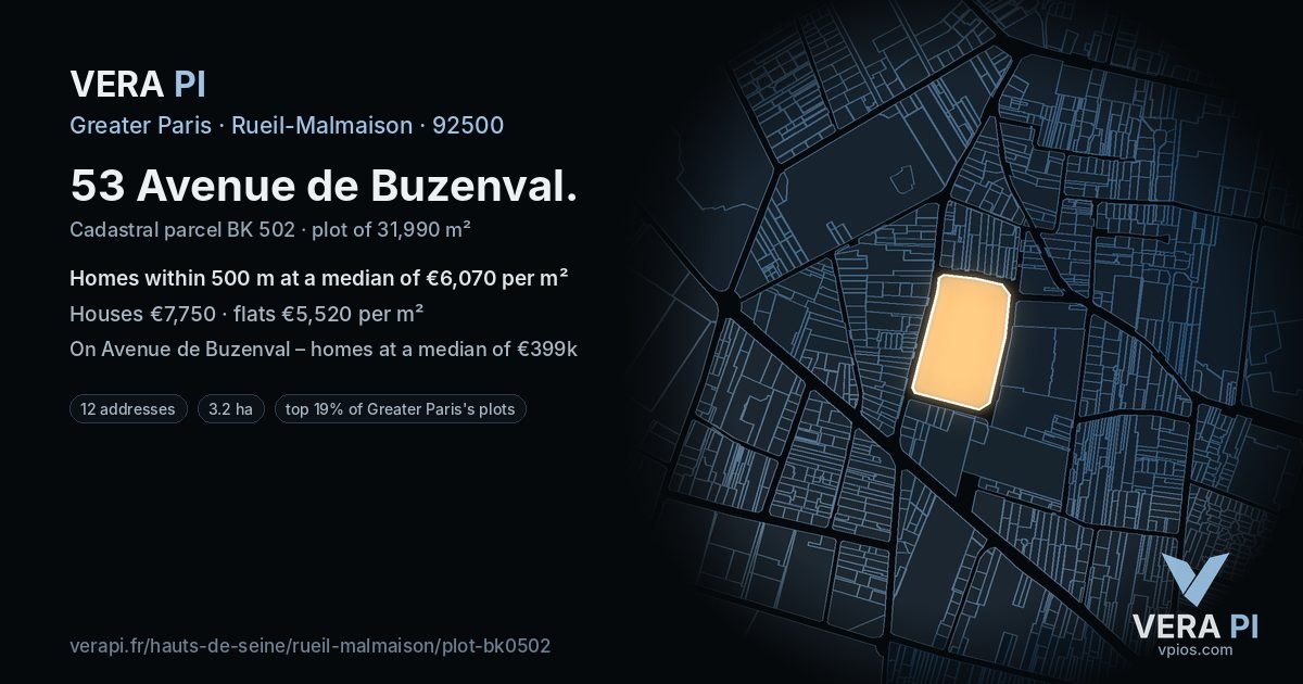 53 Avenue de Buzenval, Rueil-Malmaison at night – the plot lit, the parcels around coloured by the prices near them