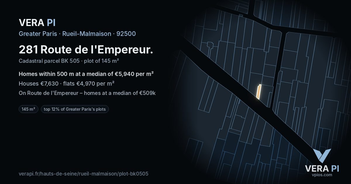 281 Route de l'Empereur, Rueil-Malmaison at night – the plot lit, the parcels around coloured by the prices near them