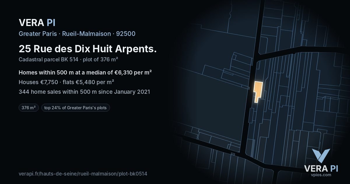25 Rue des Dix Huit Arpents, Rueil-Malmaison at night – the plot lit, the parcels around coloured by the prices near them