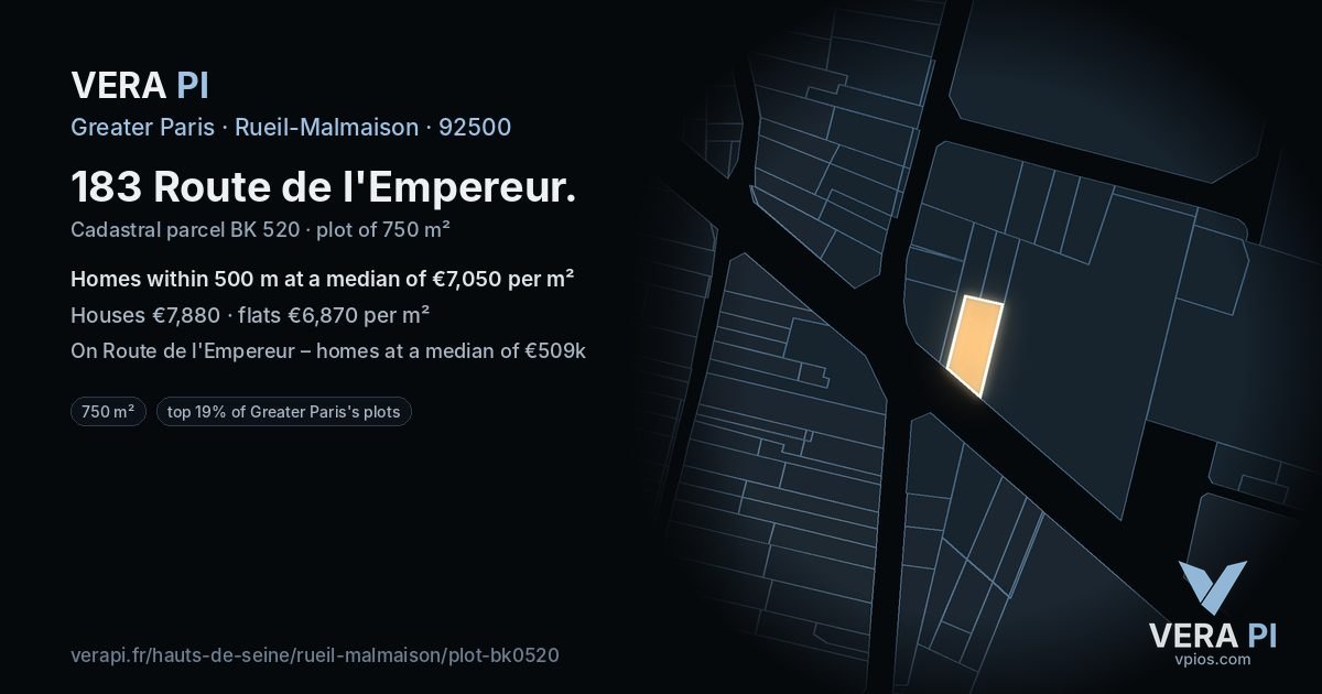 183 Route de l'Empereur, Rueil-Malmaison at night – the plot lit, the parcels around coloured by the prices near them