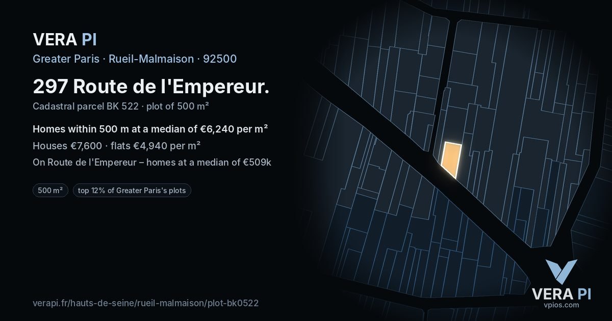 297 Route de l'Empereur, Rueil-Malmaison at night – the plot lit, the parcels around coloured by the prices near them