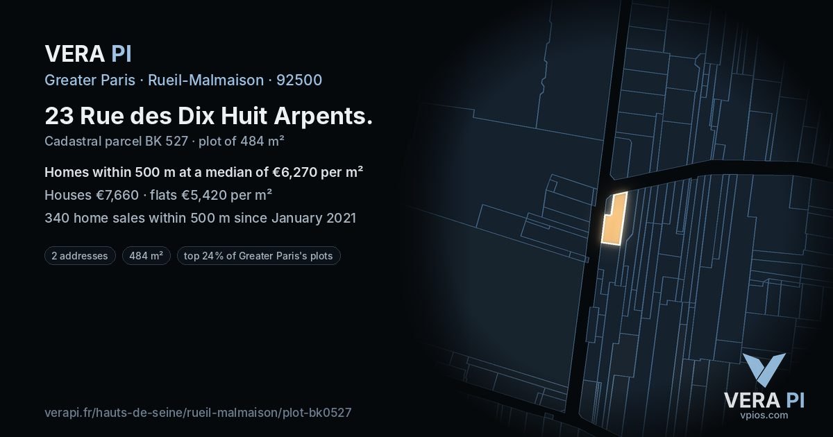 23 Rue des Dix Huit Arpents, Rueil-Malmaison at night – the plot lit, the parcels around coloured by the prices near them