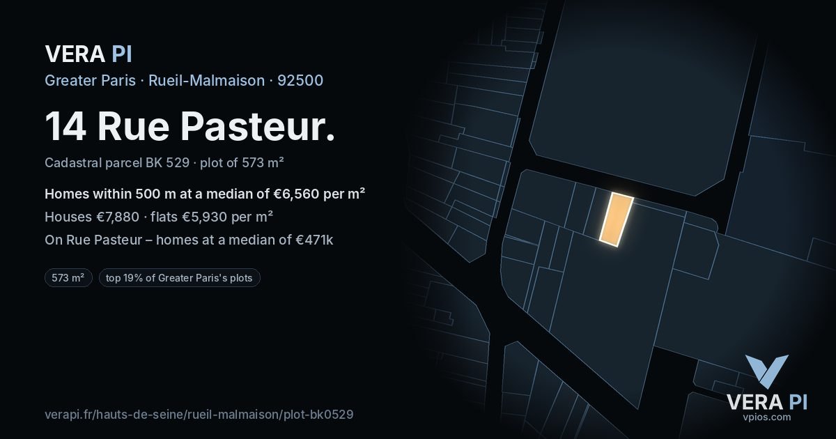 14 Rue Pasteur, Rueil-Malmaison at night – the plot lit, the parcels around coloured by the prices near them
