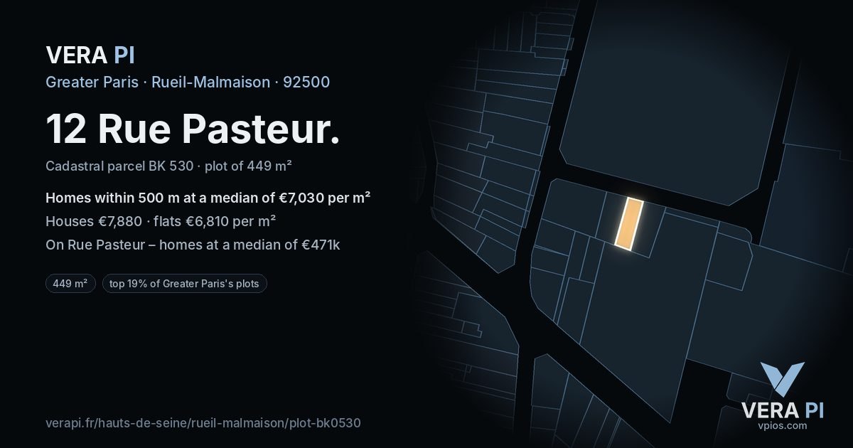 12 Rue Pasteur, Rueil-Malmaison at night – the plot lit, the parcels around coloured by the prices near them