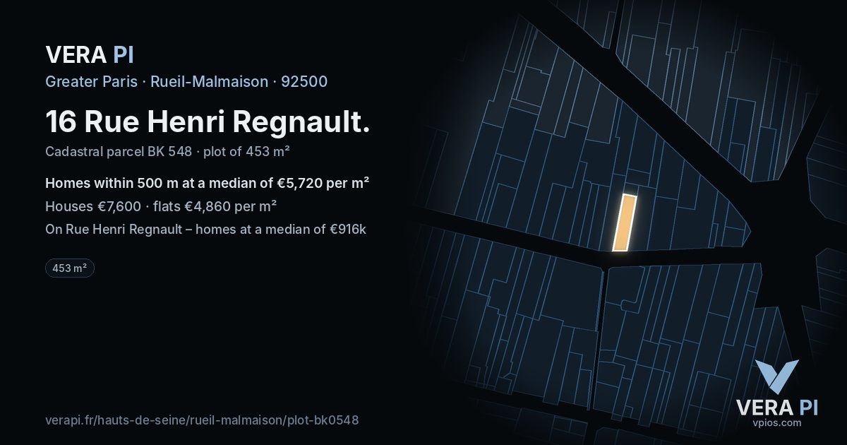 16 Rue Henri Regnault, Rueil-Malmaison at night – the plot lit, the parcels around coloured by the prices near them