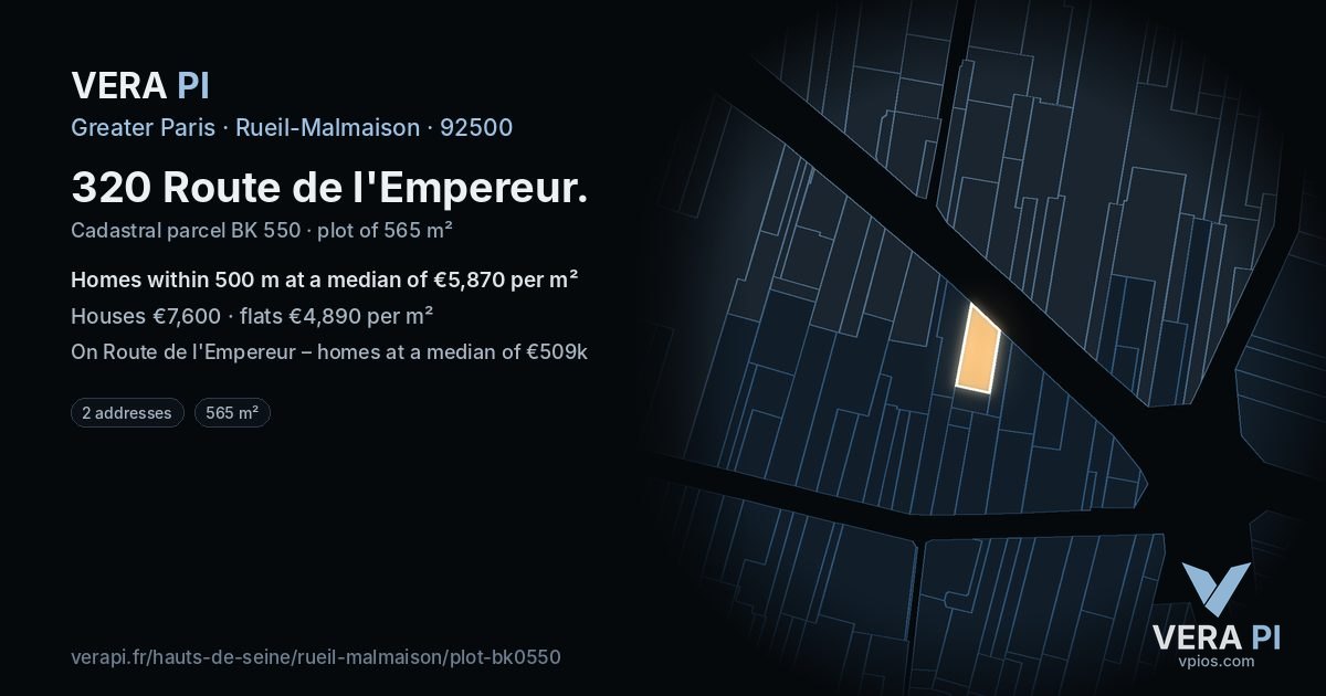 320 Route de l'Empereur, Rueil-Malmaison at night – the plot lit, the parcels around coloured by the prices near them