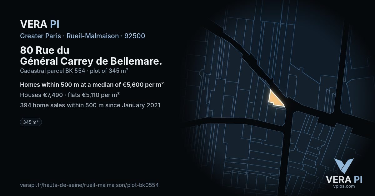 80 Rue du Général Carrey de Bellemare, Rueil-Malmaison at night – the plot lit, the parcels around coloured by the prices near them