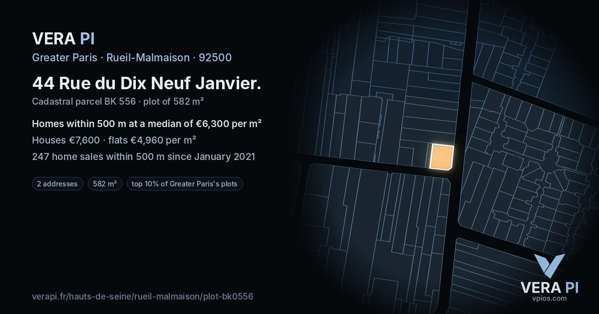 44 Rue du Dix Neuf Janvier, Rueil-Malmaison at night – the plot lit, the parcels around coloured by the prices near them