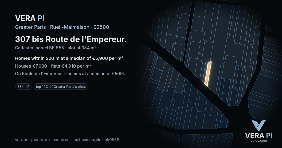 307 bis Route de l'Empereur, Rueil-Malmaison at night – the plot lit, the parcels around coloured by the prices near them
