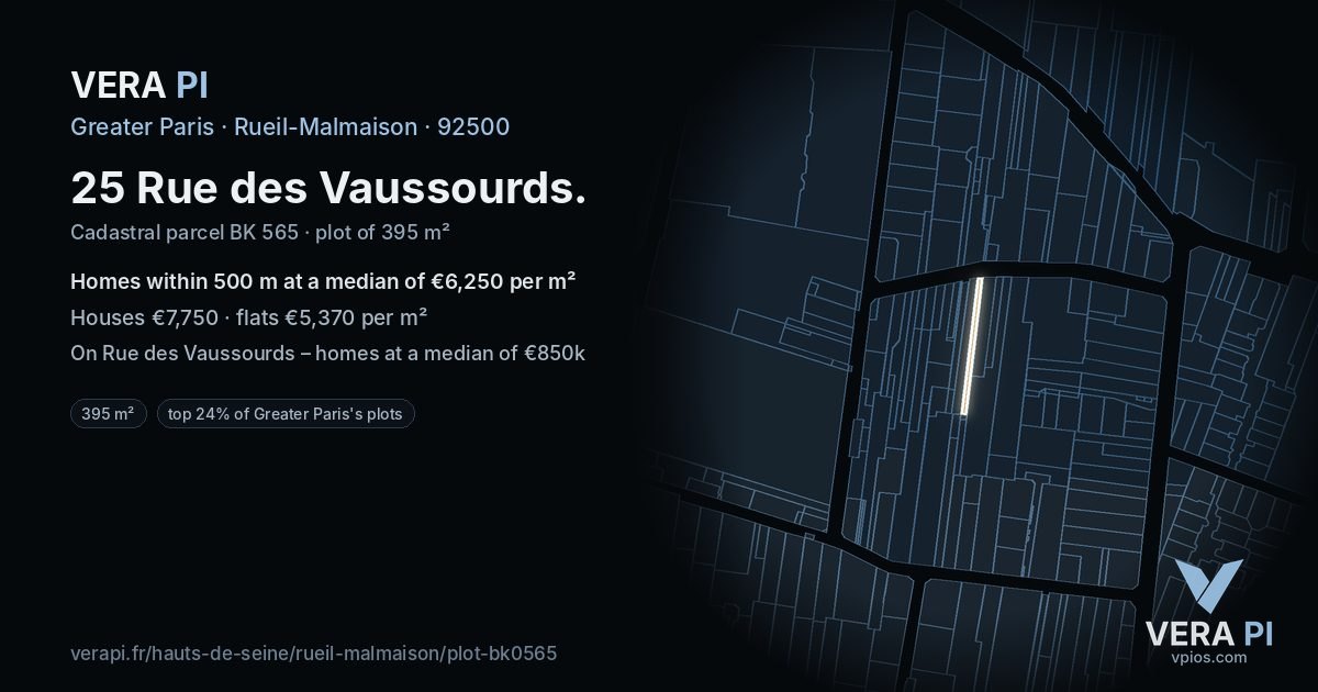 25 Rue des Vaussourds, Rueil-Malmaison at night – the plot lit, the parcels around coloured by the prices near them