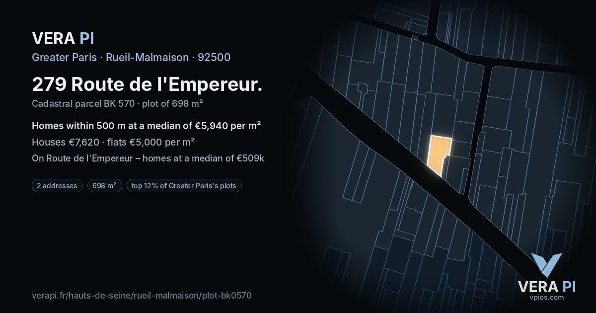 279 Route de l'Empereur, Rueil-Malmaison at night – the plot lit, the parcels around coloured by the prices near them