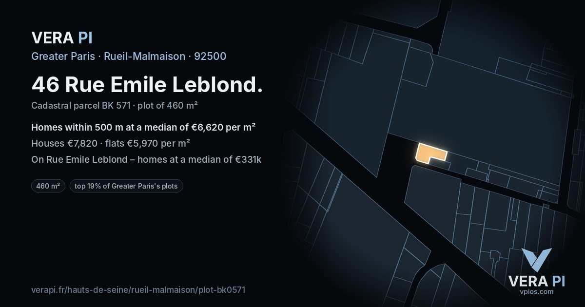 46 Rue Emile Leblond, Rueil-Malmaison at night – the plot lit, the parcels around coloured by the prices near them