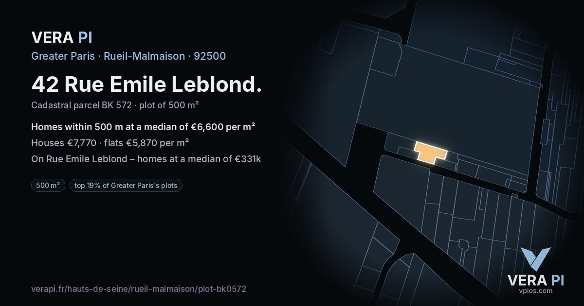 42 Rue Emile Leblond, Rueil-Malmaison at night – the plot lit, the parcels around coloured by the prices near them