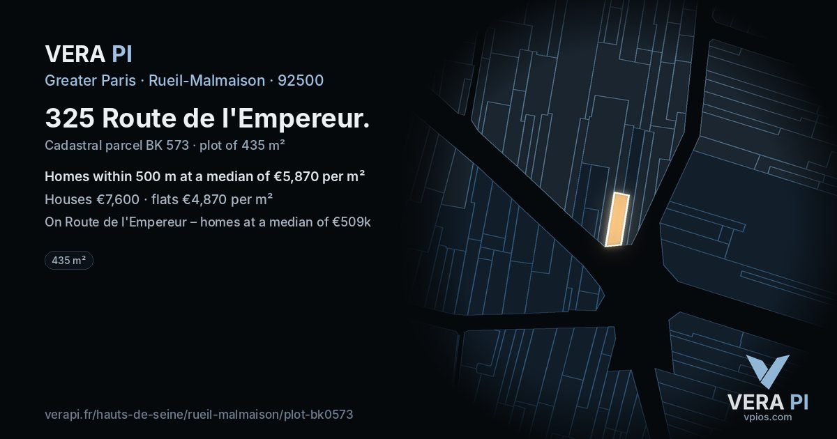 325 Route de l'Empereur, Rueil-Malmaison at night – the plot lit, the parcels around coloured by the prices near them