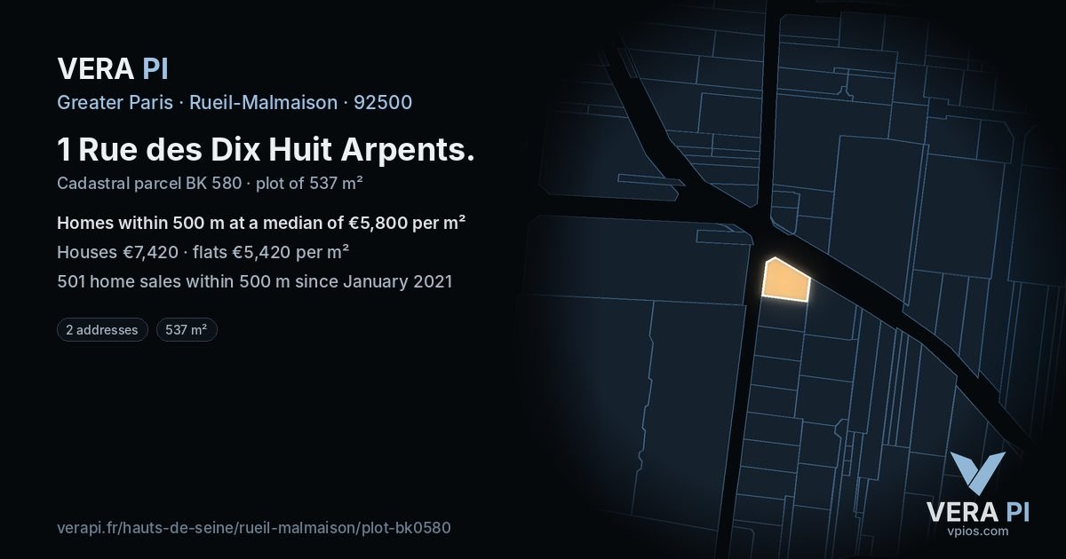 1 Rue des Dix Huit Arpents, Rueil-Malmaison at night – the plot lit, the parcels around coloured by the prices near them