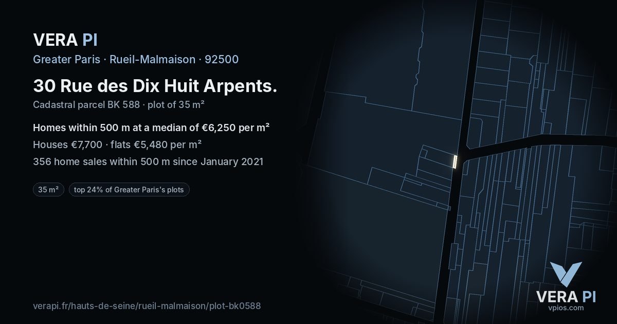 30 Rue des Dix Huit Arpents, Rueil-Malmaison at night – the plot lit, the parcels around coloured by the prices near them