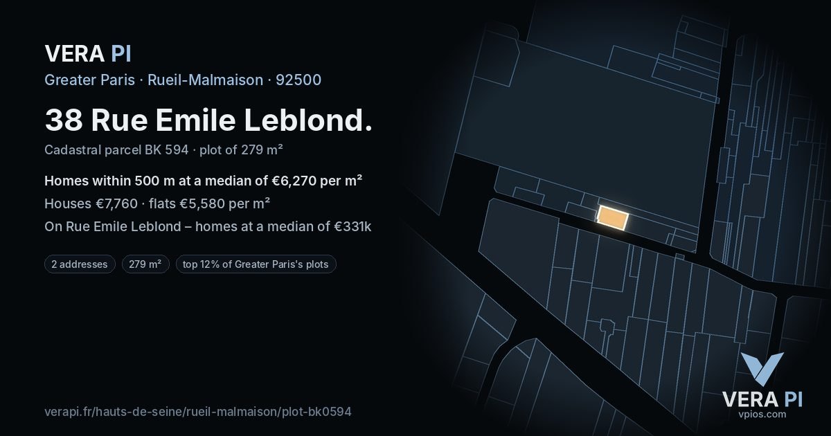 38 Rue Emile Leblond, Rueil-Malmaison at night – the plot lit, the parcels around coloured by the prices near them