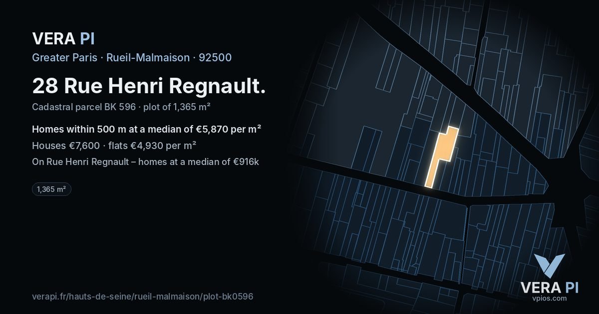28 Rue Henri Regnault, Rueil-Malmaison at night – the plot lit, the parcels around coloured by the prices near them