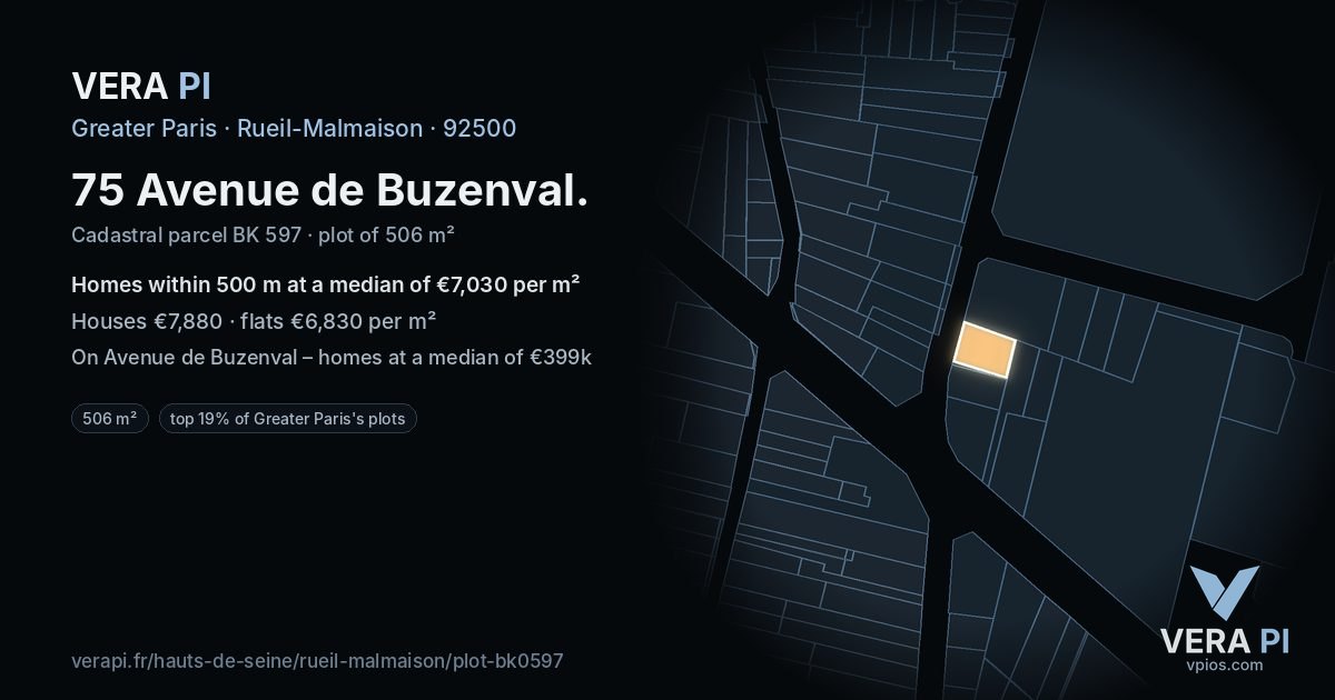 75 Avenue de Buzenval, Rueil-Malmaison at night – the plot lit, the parcels around coloured by the prices near them