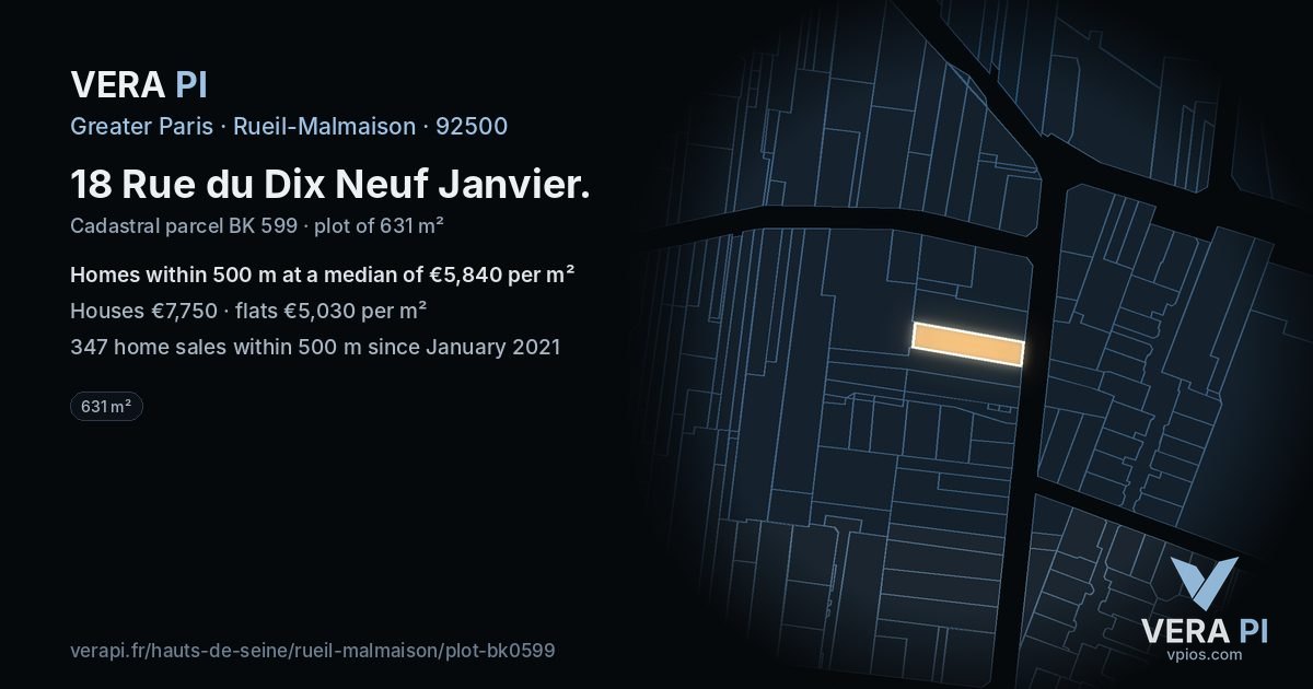 18 Rue du Dix Neuf Janvier, Rueil-Malmaison at night – the plot lit, the parcels around coloured by the prices near them