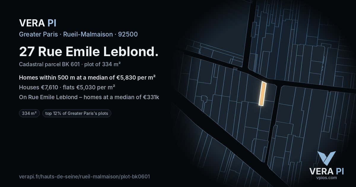 27 Rue Emile Leblond, Rueil-Malmaison at night – the plot lit, the parcels around coloured by the prices near them