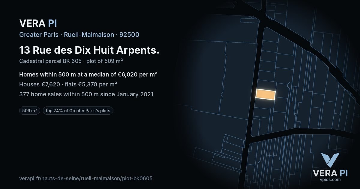 13 Rue des Dix Huit Arpents, Rueil-Malmaison at night – the plot lit, the parcels around coloured by the prices near them