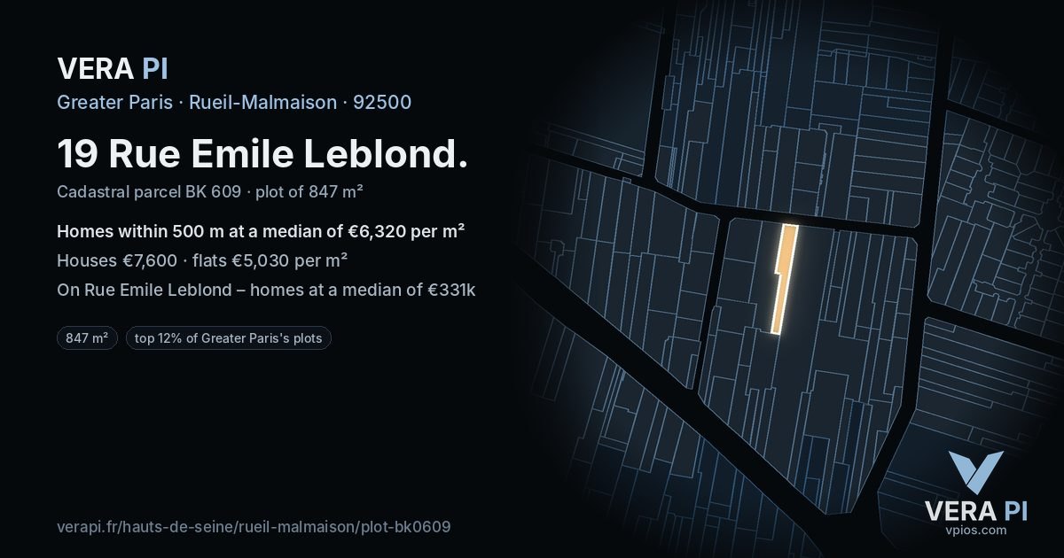 19 Rue Emile Leblond, Rueil-Malmaison at night – the plot lit, the parcels around coloured by the prices near them