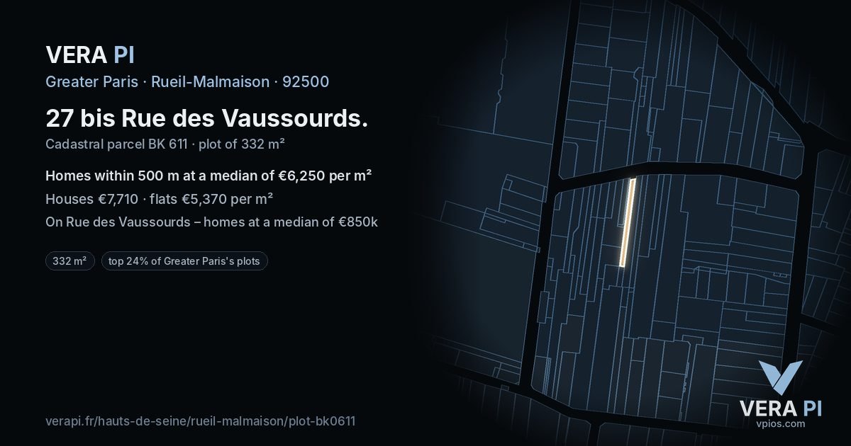 27 bis Rue des Vaussourds, Rueil-Malmaison at night – the plot lit, the parcels around coloured by the prices near them