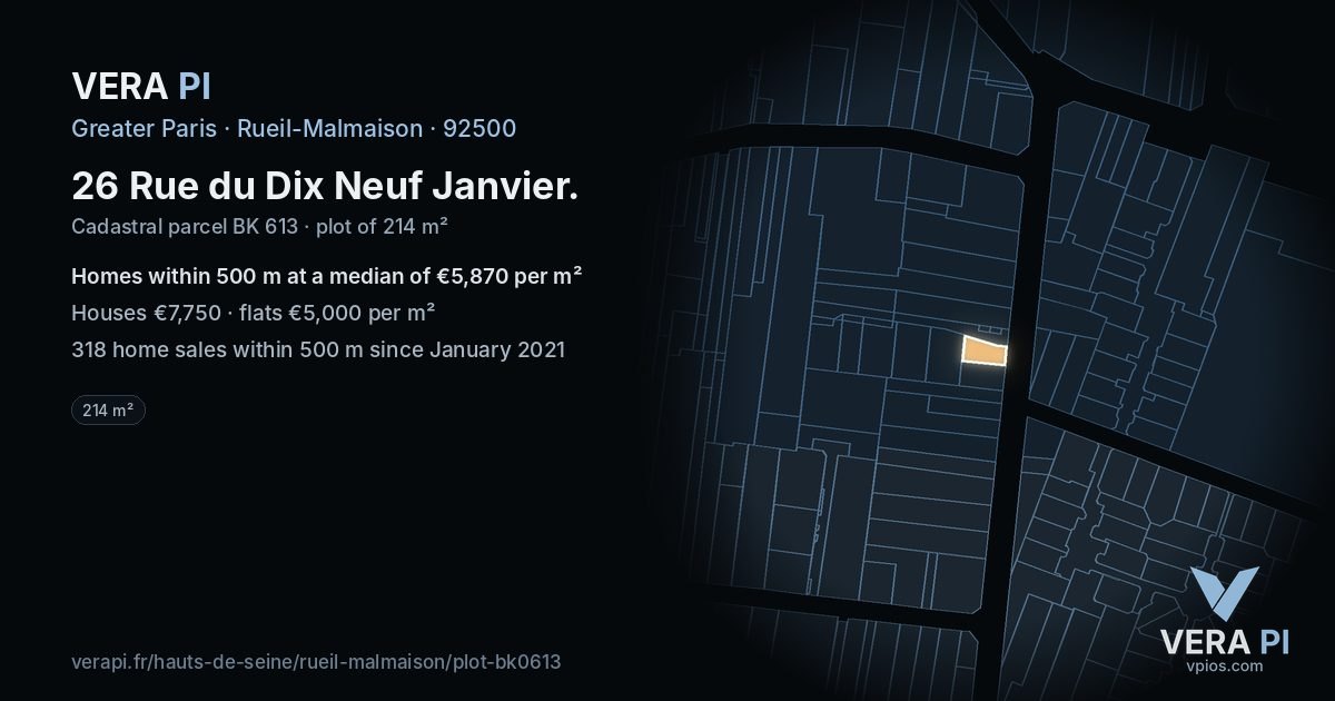 26 Rue du Dix Neuf Janvier, Rueil-Malmaison at night – the plot lit, the parcels around coloured by the prices near them