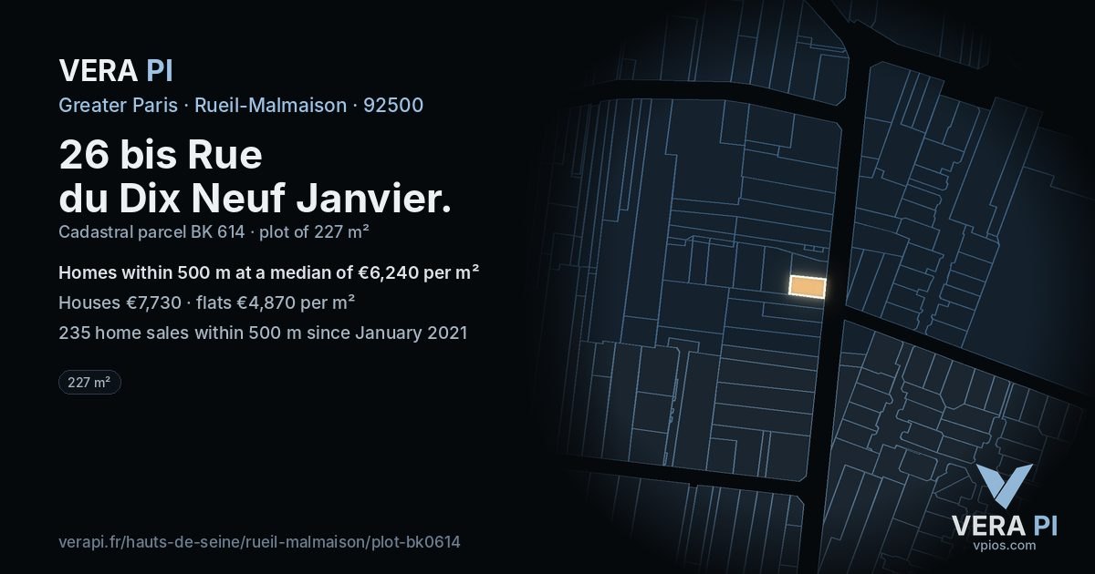 26 bis Rue du Dix Neuf Janvier, Rueil-Malmaison at night – the plot lit, the parcels around coloured by the prices near them
