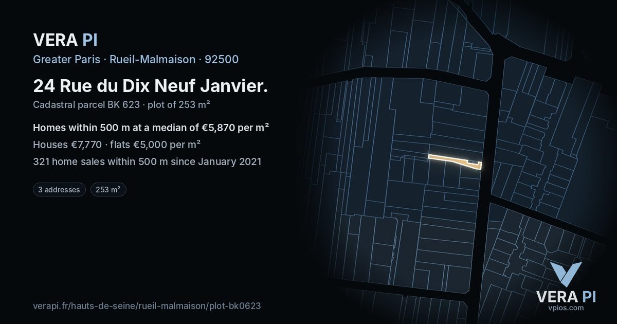 24 Rue du Dix Neuf Janvier, Rueil-Malmaison at night – the plot lit, the parcels around coloured by the prices near them