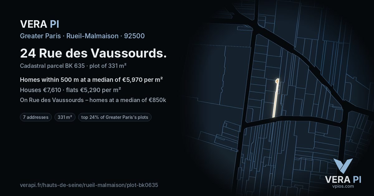 24 Rue des Vaussourds, Rueil-Malmaison at night – the plot lit, the parcels around coloured by the prices near them